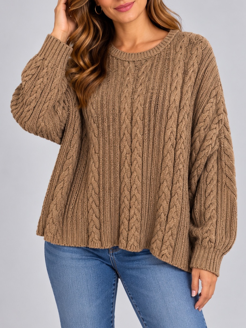 100% Cotton liz & co. Cable Knit Crew Sweater in Camel